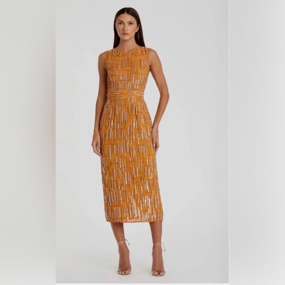 Mac Duggal Orange and Gold Midi Dress